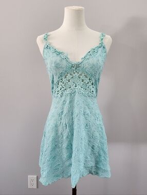 Vintage Aqua Lace Babydoll Chemise Lingerie Semi Sheer Claire Pettibone L